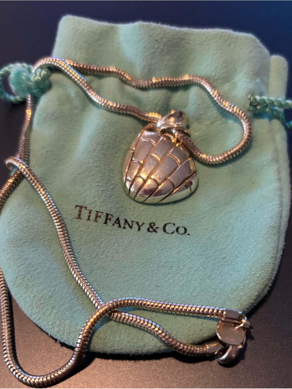 Auth Tiffany & Co. SS Vintage “Wood” Collection Pendant & 18” Necklace